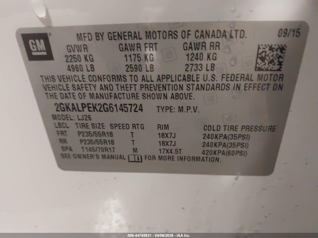 Aukcja sprzedaży 2016 Gmc Terrain Slt, vin: 2GKALPEK2G6145724, numer aukcji: 44788931