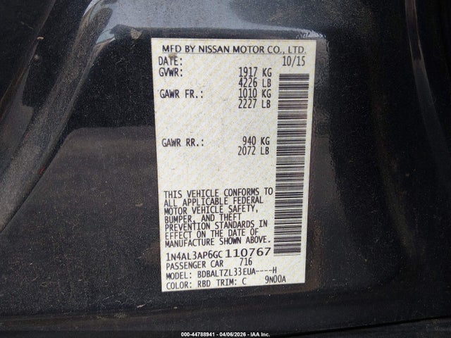Aukcja sprzedaży 2016 Nissan Altima 2.5 Sl, vin: 1N4AL3AP6GC110767, numer aukcji: 44788941