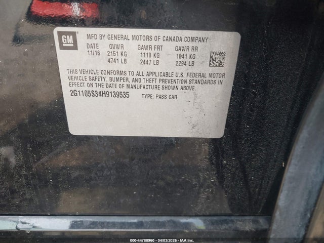 2017 Chevrolet Impala 1lt მანქანა იყიდება აუქციონზე, vin: 2G1105S34H9139535, აუქციონის ნომერი: 44788960
