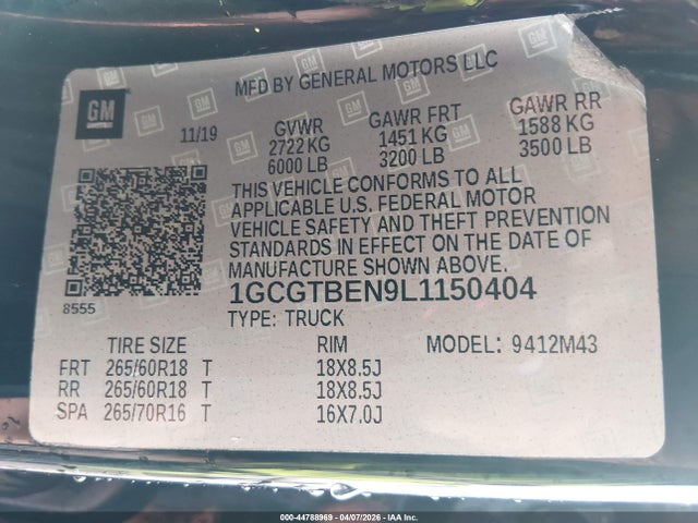 44788969 :رقم المزاد ، 1GCGTBEN9L1150404 vin ، 2020 Chevrolet Colorado 4wd  Short Box Wt مزاد بيع