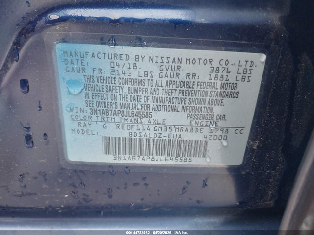 3N1AB7AP8JL645585 Nissan SENTRA SV