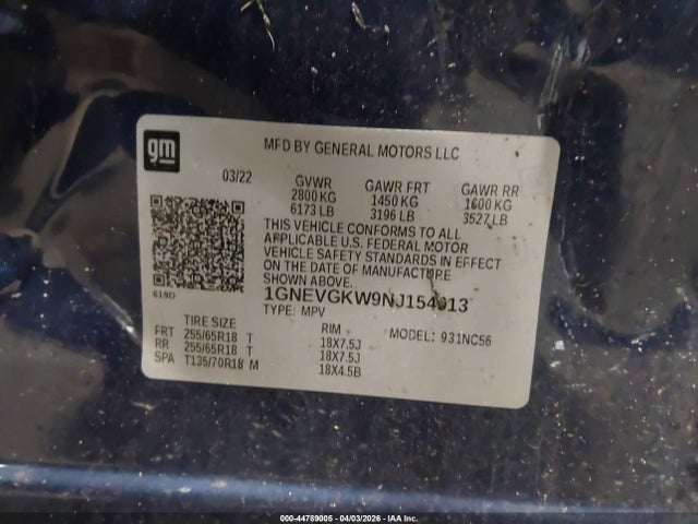 1GNEVGKW9NJ154913 Chevrolet Traverse Awd Lt Cloth
