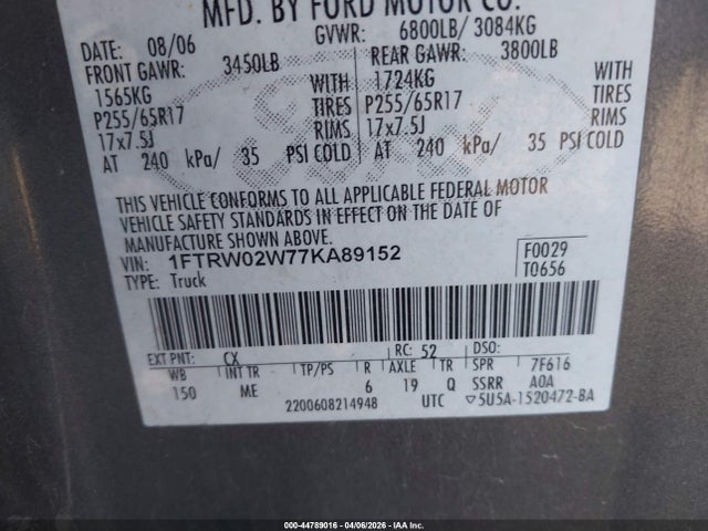 Продаж на аукціоні авто 2007 Ford F-150 Xlt, vin: 1FTRW02W77KA89152, номер лоту: 44789016