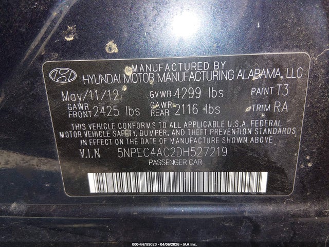 44789020 :رقم المزاد ، 5NPEC4AC2DH527219 vin ، 2013 Hyundai Sonata Limited مزاد بيع