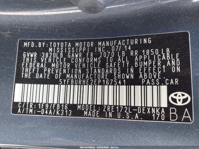 5YFBURHE2EP167541 Toyota COROLLA LE