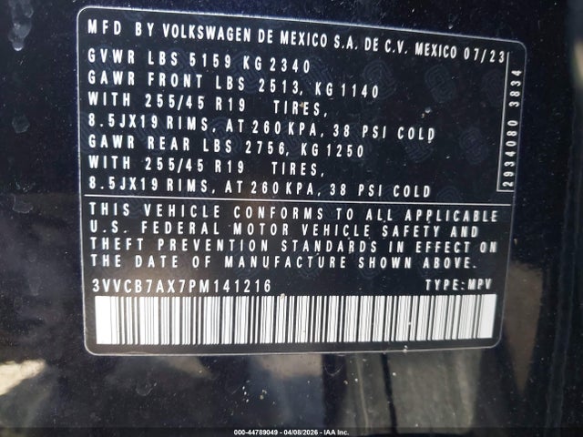 Продаж на аукціоні авто 2023 Volkswagen Tiguan 2.0t Se R-line Black, vin: 3VVCB7AX7PM141216, номер лоту: 44789049