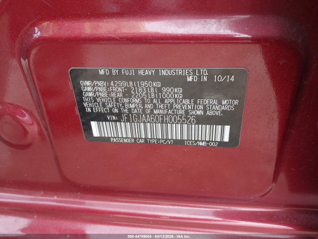 Aukcja sprzedaży 2015 Subaru Impreza 2.0i, vin: JF1GJAA60FH005526, numer aukcji: 44789054