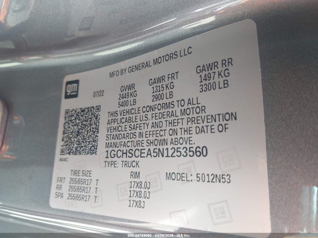 44789060 :رقم المزاد ، 1GCHSCEA5N1253560 vin ، 2022 Chevrolet Colorado 2wd  Long Box Lt مزاد بيع