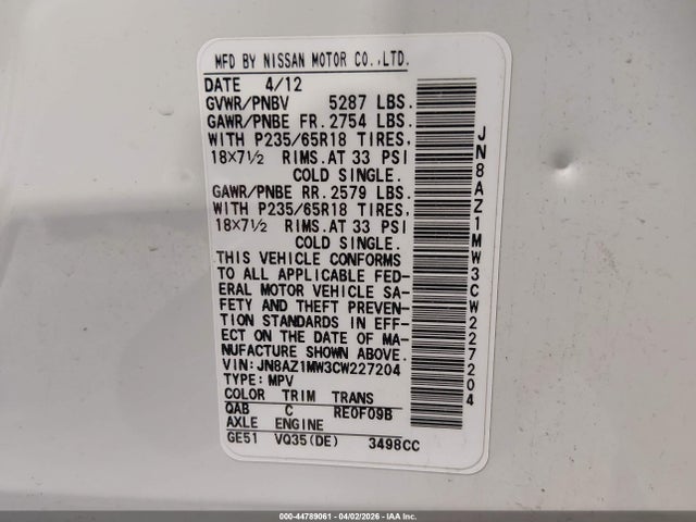 2012 NISSAN MURANO JN8AZ1MW3CW227204 Photo 8