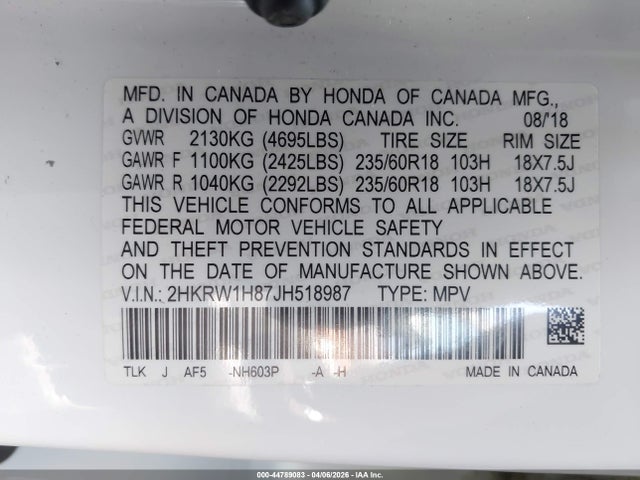 2HKRW1H87JH518987 Honda Cr-v Ex-l/ex-l Navi