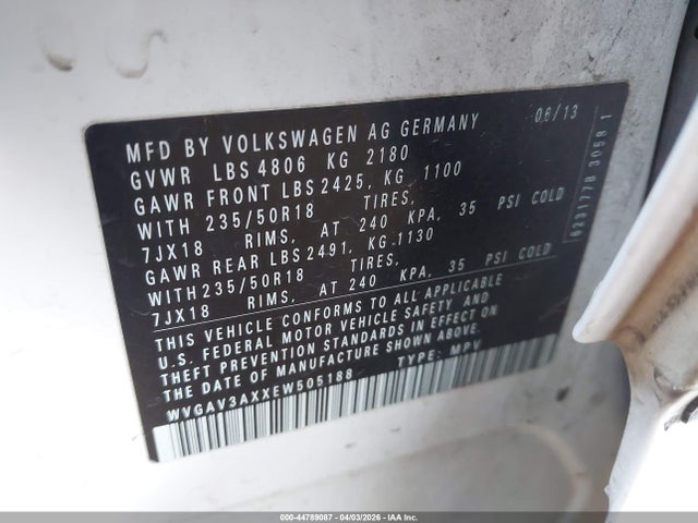2014 Volkswagen Tiguan Se მანქანა იყიდება აუქციონზე, vin: WVGAV3AXXEW505188, აუქციონის ნომერი: 44789087