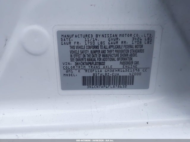 3N1CN7AP6FL878632 Nissan Versa 1.6 Sv