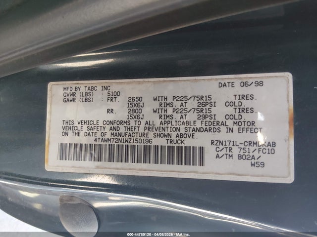 44789120 :رقم المزاد ، 4TAWM72N1WZ150196 vin ، 1998 Toyota Tacoma مزاد بيع