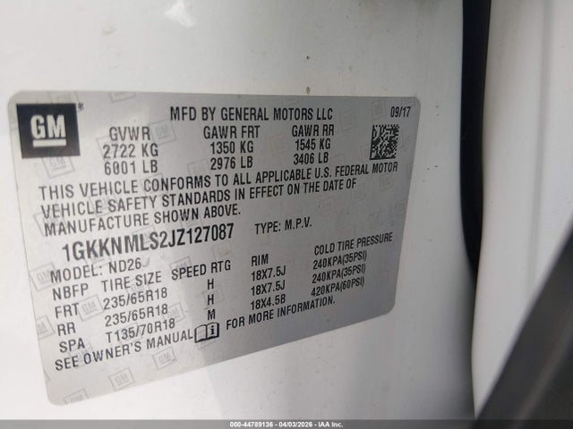 Aukcja sprzedaży 2018 Gmc Acadia Slt-1, vin: 1GKKNMLS2JZ127087, numer aukcji: 44789136