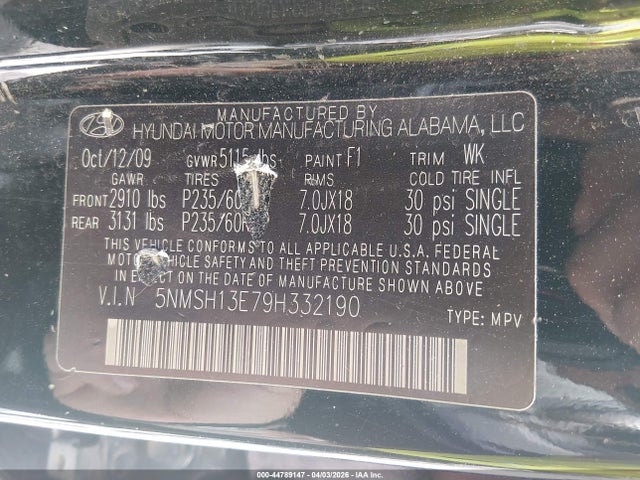Aukcja sprzedaży 2009 Hyundai Santa Fe Limited, vin: 5NMSH13E79H332190, numer aukcji: 44789147