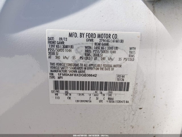 44789155 :رقم المزاد ، 1FM5K8F8XDGB36642 vin ، 2013 Ford Explorer Limited مزاد بيع