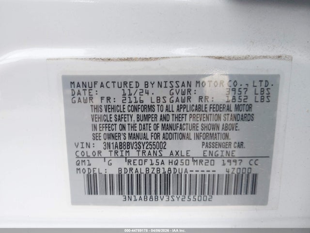 2025 Nissan Sentra S მანქანა იყიდება აუქციონზე, vin: 3N1AB8BV3SY255002, აუქციონის ნომერი: 44789178