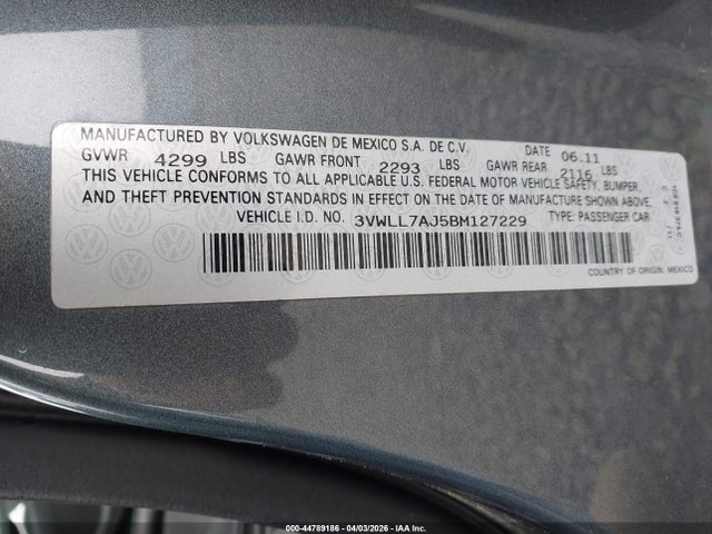 2011 Volkswagen Jetta 2.0l Tdi მანქანა იყიდება აუქციონზე, vin: 3VWLL7AJ5BM127229, აუქციონის ნომერი: 44789186