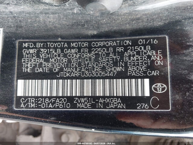 JTDKARFU3G3005447 Toyota Prius