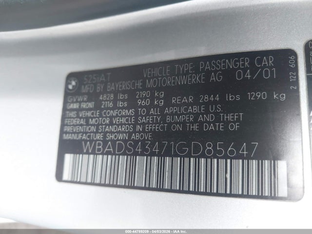 Продажа на аукционе авто 2001 Bmw 525ia, vin: WBADS43471GD85647, номер лота: 44789209