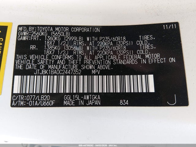 44789262 :رقم المزاد ، JTJBK1BA0C2447352 vin ، 2012 Lexus Rx 350 مزاد بيع