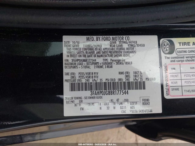 Продажа на аукционе авто 2011 Ford Fusion Sel, vin: 3FAHP0JG8BR177544, номер лота: 44789263
