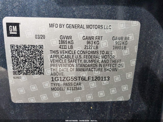 44789266 :رقم المزاد ، 1G1ZG5ST6LF120113 vin ، 2020 Chevrolet Malibu Fwd Rs مزاد بيع
