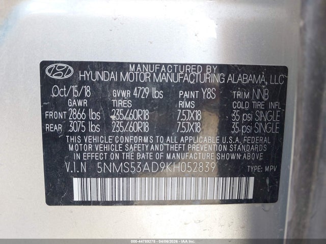 Aukcja sprzedaży 2019 Hyundai Santa Fe Ultimate, vin: 5NMS53AD9KH052839, numer aukcji: 44789278