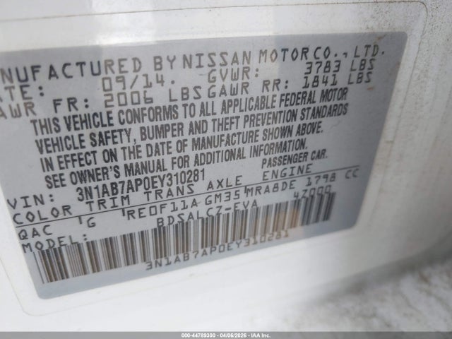 2014 Nissan Sentra S მანქანა იყიდება აუქციონზე, vin: 3N1AB7AP0EY310281, აუქციონის ნომერი: 44789300