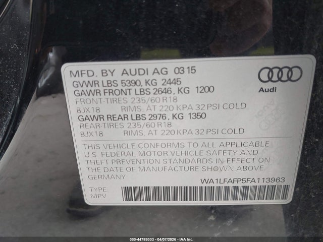 Продажа на аукционе авто 2015 Audi Q5 2.0t Premium, vin: WA1LFAFP5FA113963, номер лота: 44789303