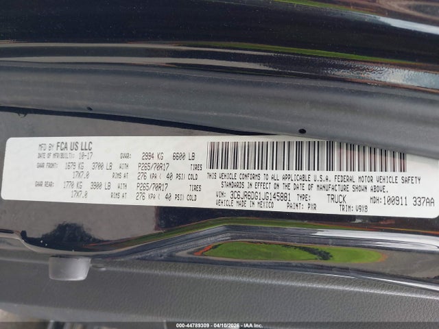 Продаж на аукціоні авто 2018 Ram 1500 Tradesman  4x2 8' Box, vin: 3C6JR6DG1JG145881, номер лоту: 44789309