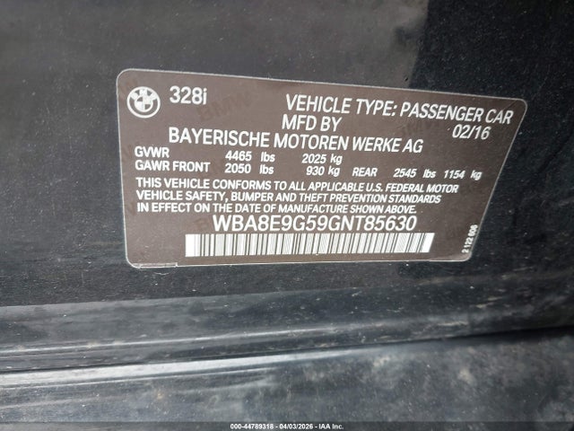 Продажа на аукционе авто 2016 Bmw 328i, vin: WBA8E9G59GNT85630, номер лота: 44789318