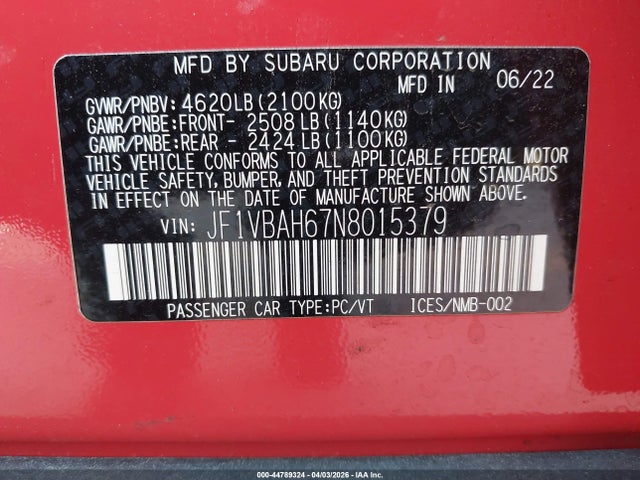 JF1VBAH67N8015379 Subaru Wrx Premium
