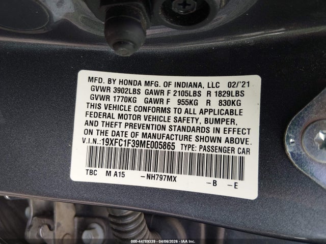 44789339 :رقم المزاد ، 19XFC1F39ME005865 vin ، 2021 Honda Civic Ex مزاد بيع