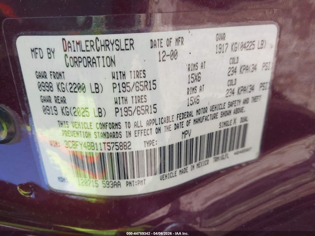 Aukcja sprzedaży 2001 Chrysler Pt Cruiser, vin: 3C8FY4BB11T575882, numer aukcji: 44789342