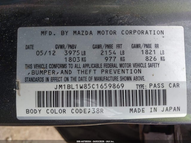 Aukcja sprzedaży 2012 Mazda Mazda3 I Grand Touring, vin: JM1BL1W85C1659869, numer aukcji: 44789354