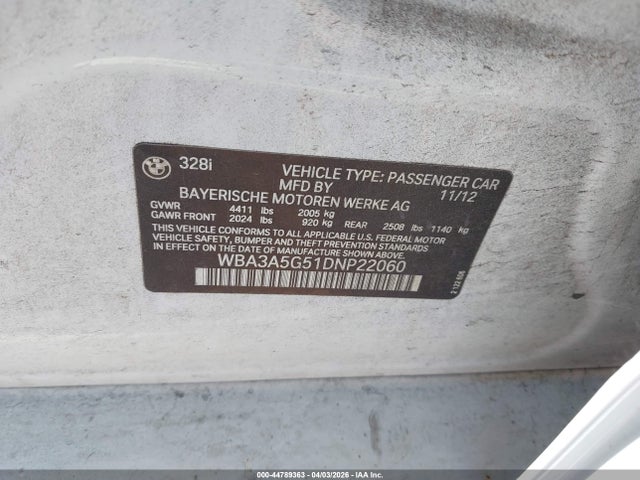 44789363 :رقم المزاد ، WBA3A5G51DNP22060 vin ، 2013 Bmw 328i مزاد بيع