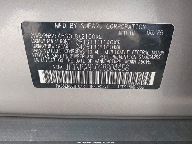Продажа на аукционе авто 2025 Subaru Wrx Limited, vin: JF1VBAN60S8804456, номер лота: 44789365