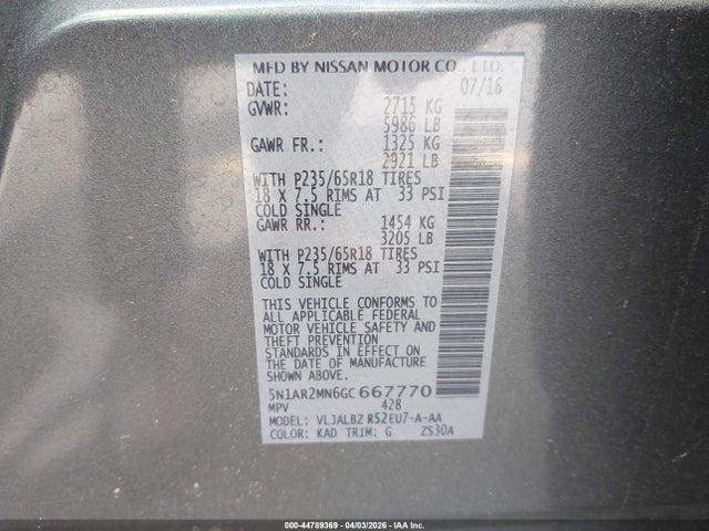 Aukcja sprzedaży 2016 Nissan Pathfinder S, vin: 5N1AR2MN6GC667770, numer aukcji: 44789369