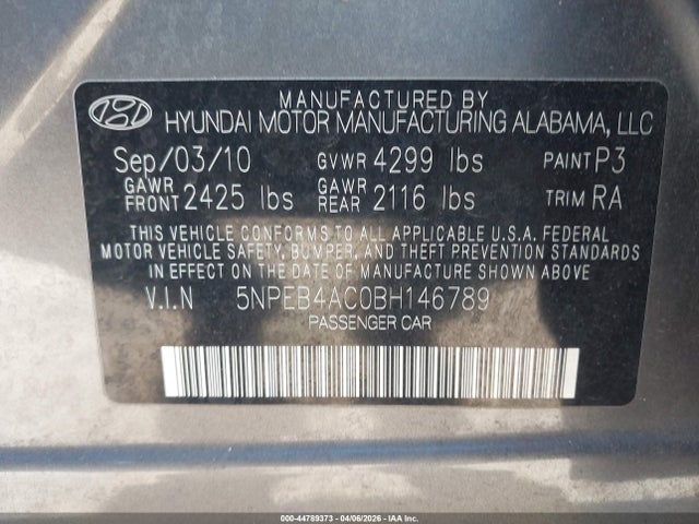 Продаж на аукціоні авто 2011 Hyundai Sonata Gls, vin: 5NPEB4AC0BH146789, номер лоту: 44789373