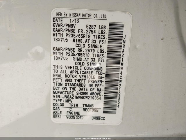 2012 Nissan Murano Sl მანქანა იყიდება აუქციონზე, vin: JN8AZ1MW4CW219354, აუქციონის ნომერი: 44789375