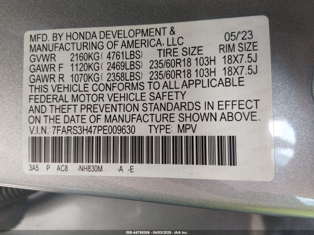 2023 Honda Cr-v Ex 2wd მანქანა იყიდება აუქციონზე, vin: 7FARS3H47PE009630, აუქციონის ნომერი: 44789386