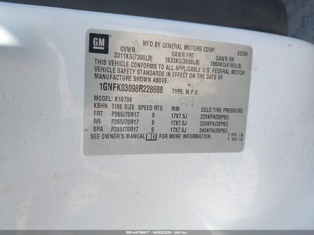 44789417 :رقم المزاد ، 1GNFK03098R228688 vin ، 2008 Chevrolet Tahoe Special Services مزاد بيع