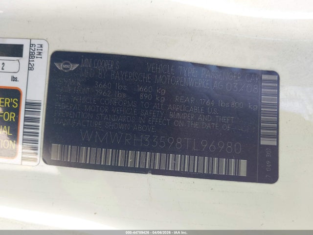 2008 MINI COOPER S WMWRH33598TL96980 Photo 8
