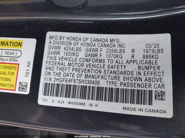 44789440 :رقم المزاد ، 2HGFE4F87SH336406 vin ، 2025 Honda Civic Hybrid Sport/sport Touring مزاد بيع