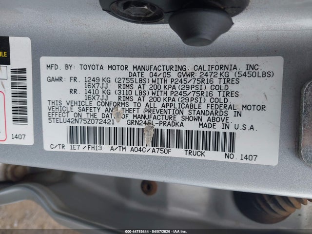 Продаж на аукціоні авто 2005 Toyota Tacoma Base V6, vin: 5TELU42N75Z072421, номер лоту: 44789444