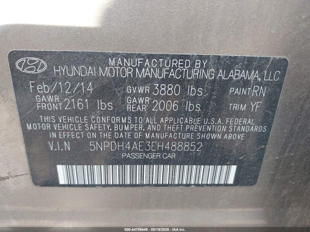 44789449 :رقم المزاد ، 5NPDH4AE3EH488852 vin ، 2014 Hyundai Elantra Se مزاد بيع