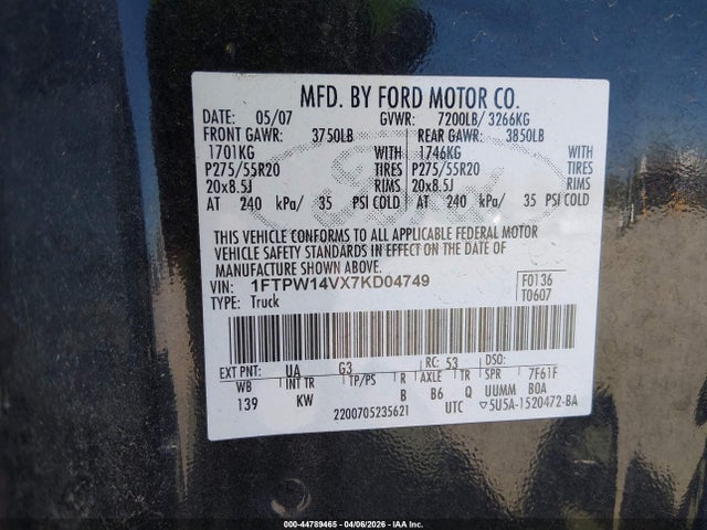 Aukcja sprzedaży 2007 Ford F-150 Fx4/lariat/xlt, vin: 1FTPW14VX7KD04749, numer aukcji: 44789465