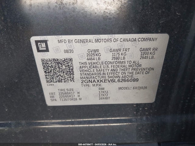 Продажа на аукционе авто 2020 Chevrolet Equinox Fwd Lt 1.5l Turbo, vin: 2GNAXKEV6L6266089, номер лота: 44789477