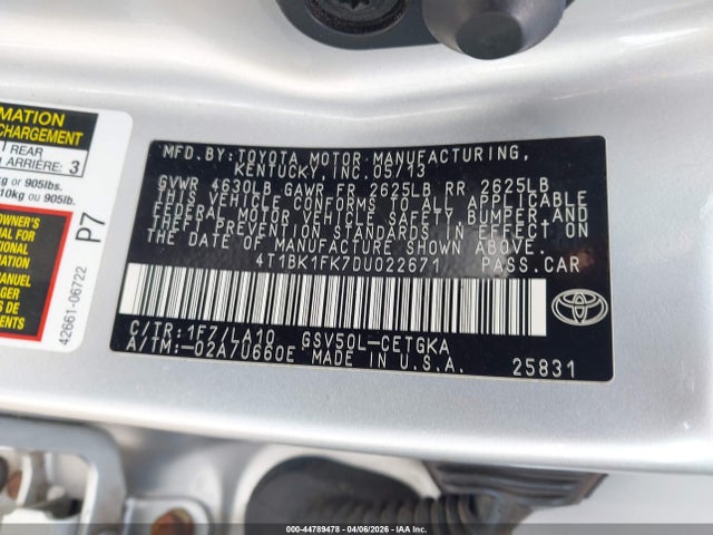 Продажа на аукционе авто 2013 Toyota Camry Xle V6, vin: 4T1BK1FK7DU022671, номер лота: 44789478
